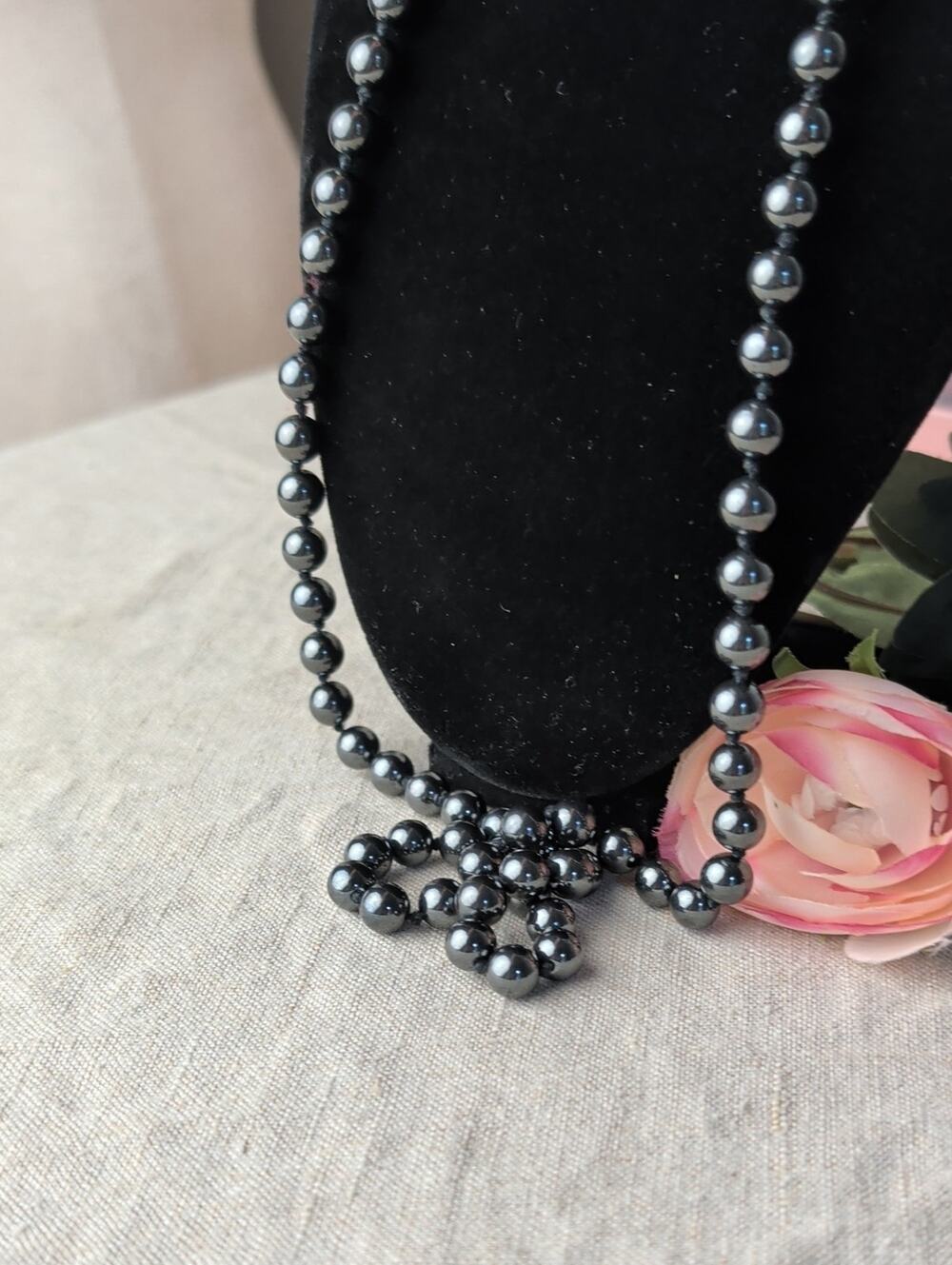 Vintage Natural Hematite Beaded Necklace Individually Hand-Knotted Gunmetal